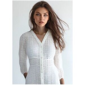 Quiz Eyelet Midi Lace Dress Size Small 6 V-Neck Ruched Sleeve Buttons White EUC